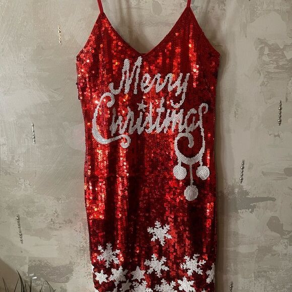 MERRY Christmas Red Sequin Costume Fancy Party Holiday Dress Disco Holiday New - Picture 6 of 11